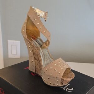 Red Circle Footwear Beige Studded Wedges